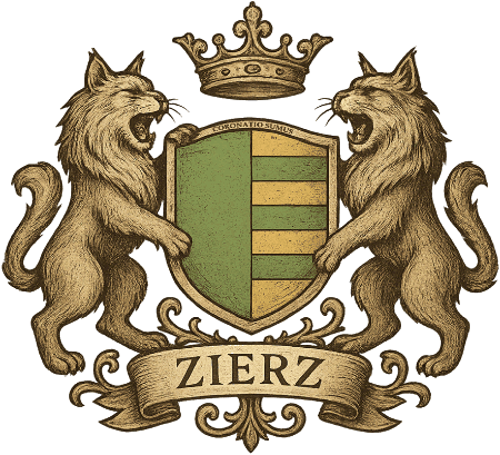 Zierz Wappen mit Krone, Schild und zwei Katzen